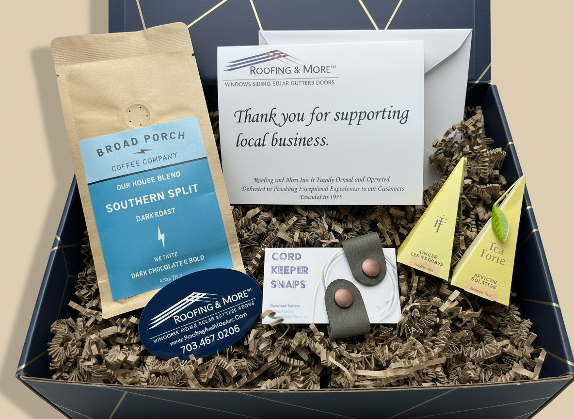 Gift basket with coffee, tea, and small business cards in a box