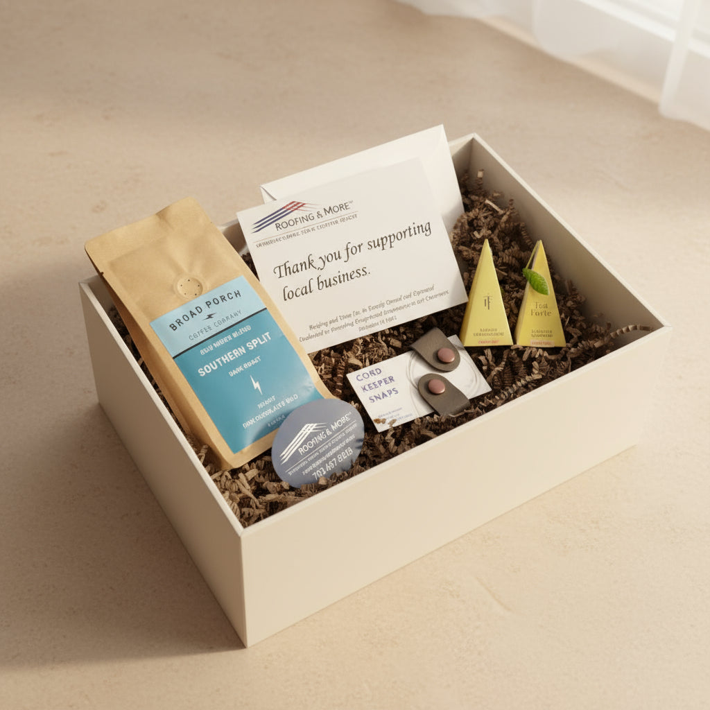 Open cardboard box containing business cards, a small packet, and other items on a textured surface.